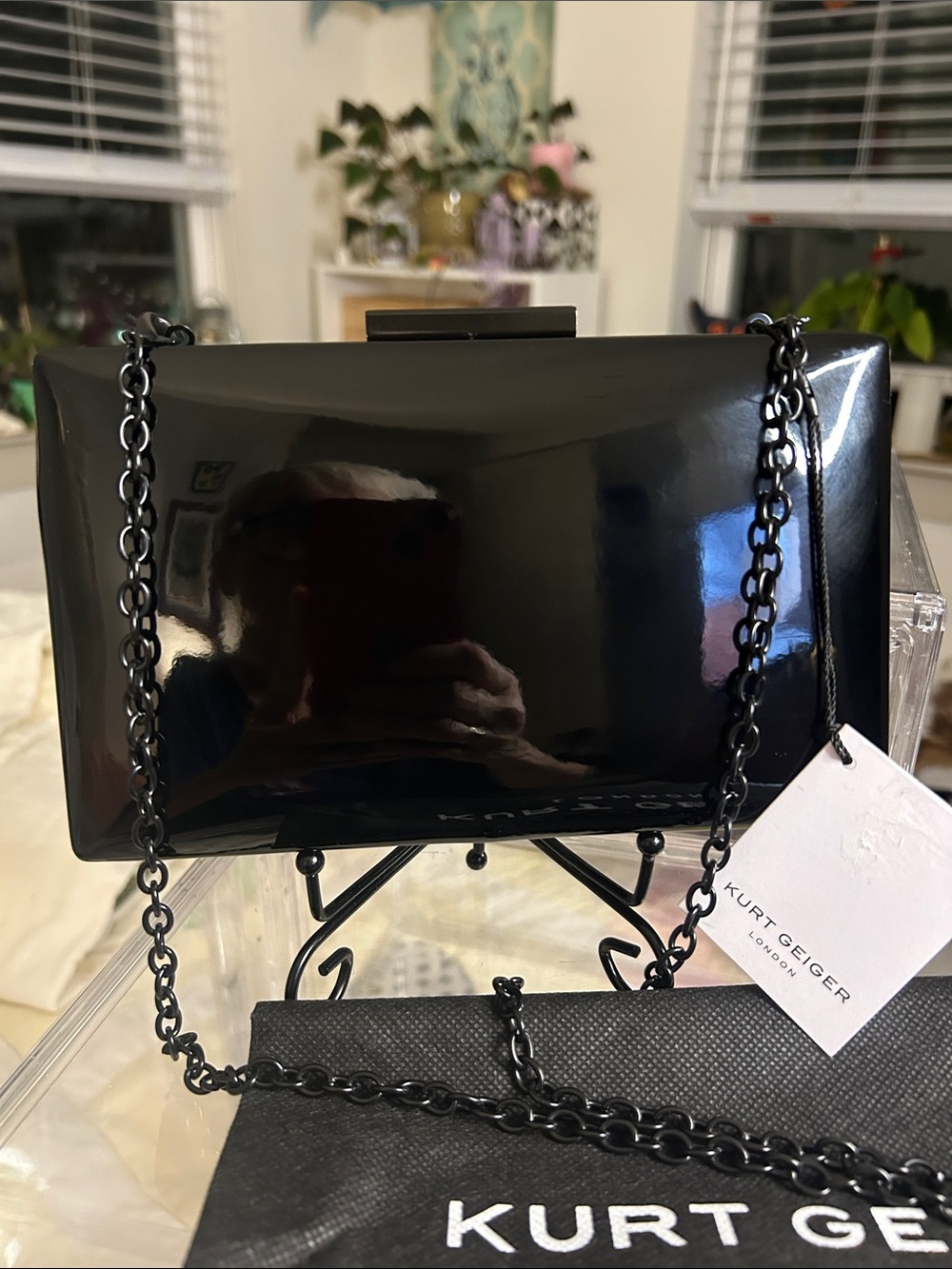Kurt Geiger Black Patent Crystal Box Clutch with Chain Strap 8”x 1.25”x 4.5” NWT - Picture 6 of 6